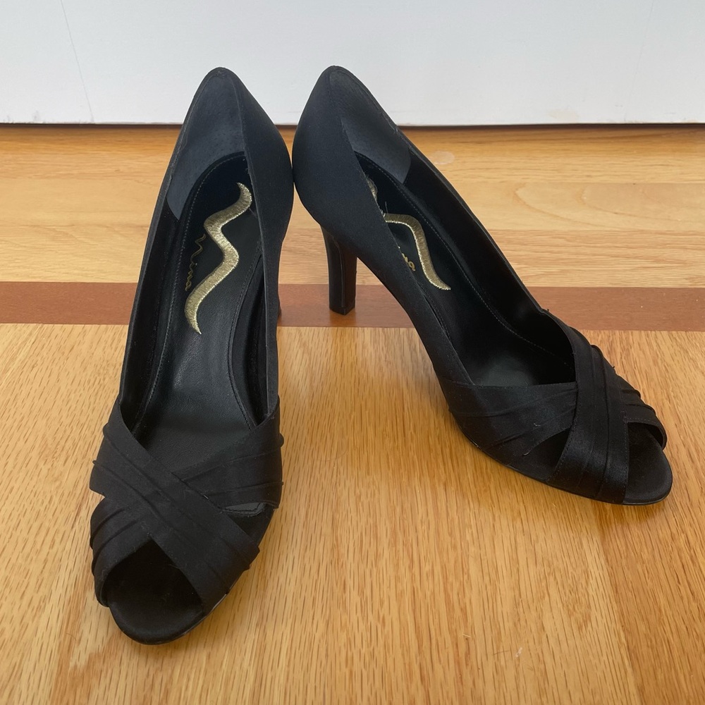 Nina Black Open Toe Pump, Size 7, 3.25” Heel